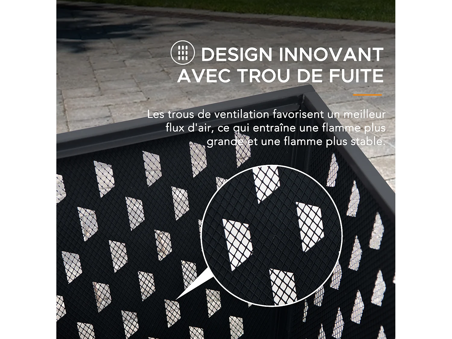 Foyer carré en acier ALBANI 46 cm avec couvercle et tisonnier