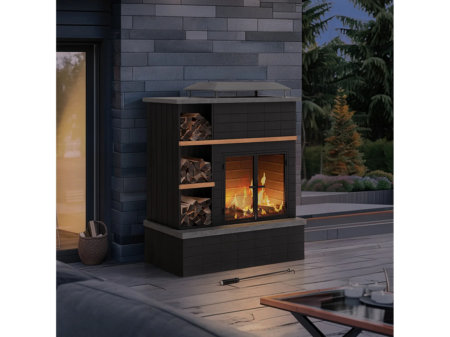 Cheminée à bois ETNA avec conduit et porte-bûches