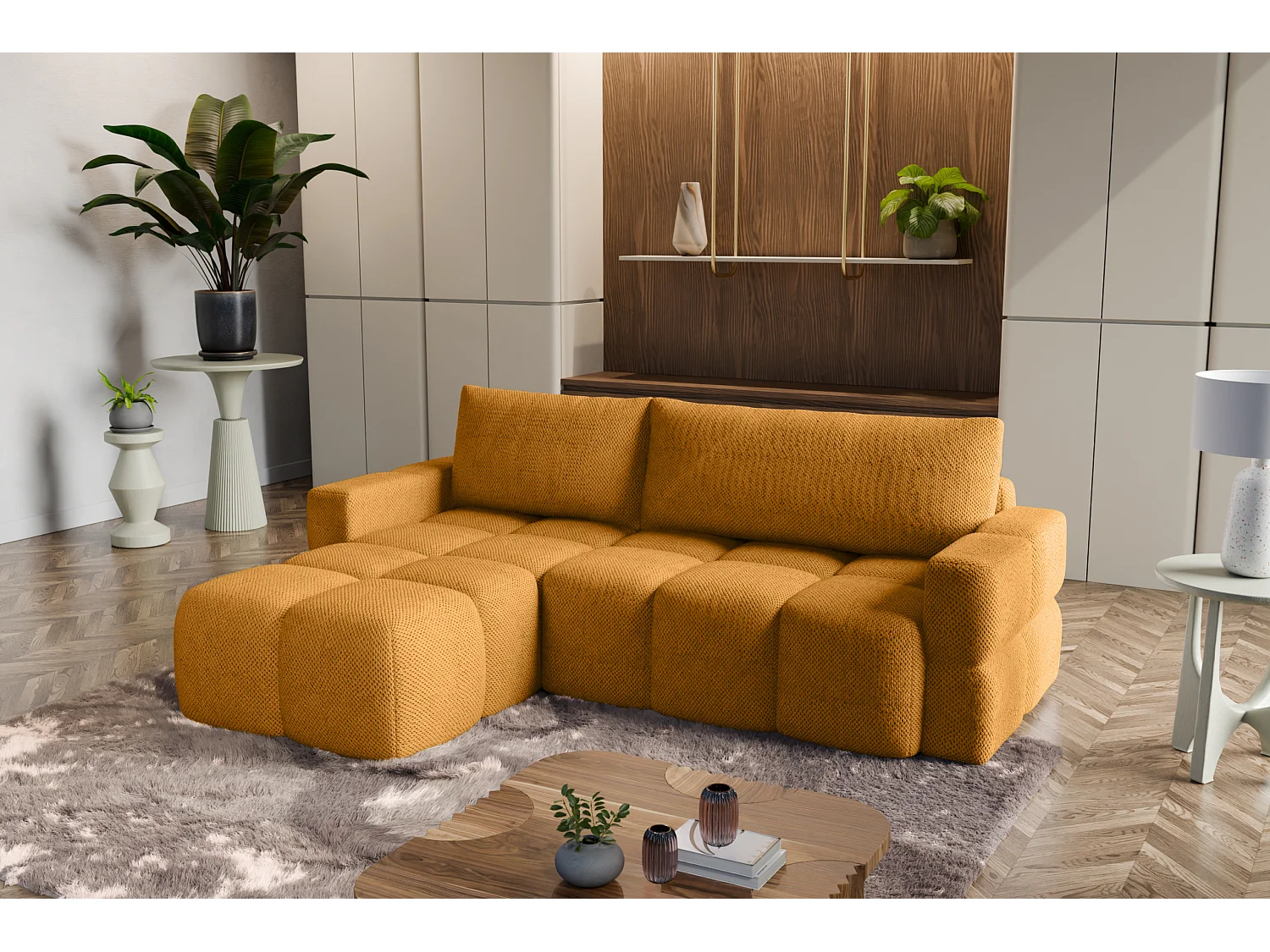 Omkeerbare hoekbank met slaapfunctie, in mosterd stof FUMO van de fabrikant.