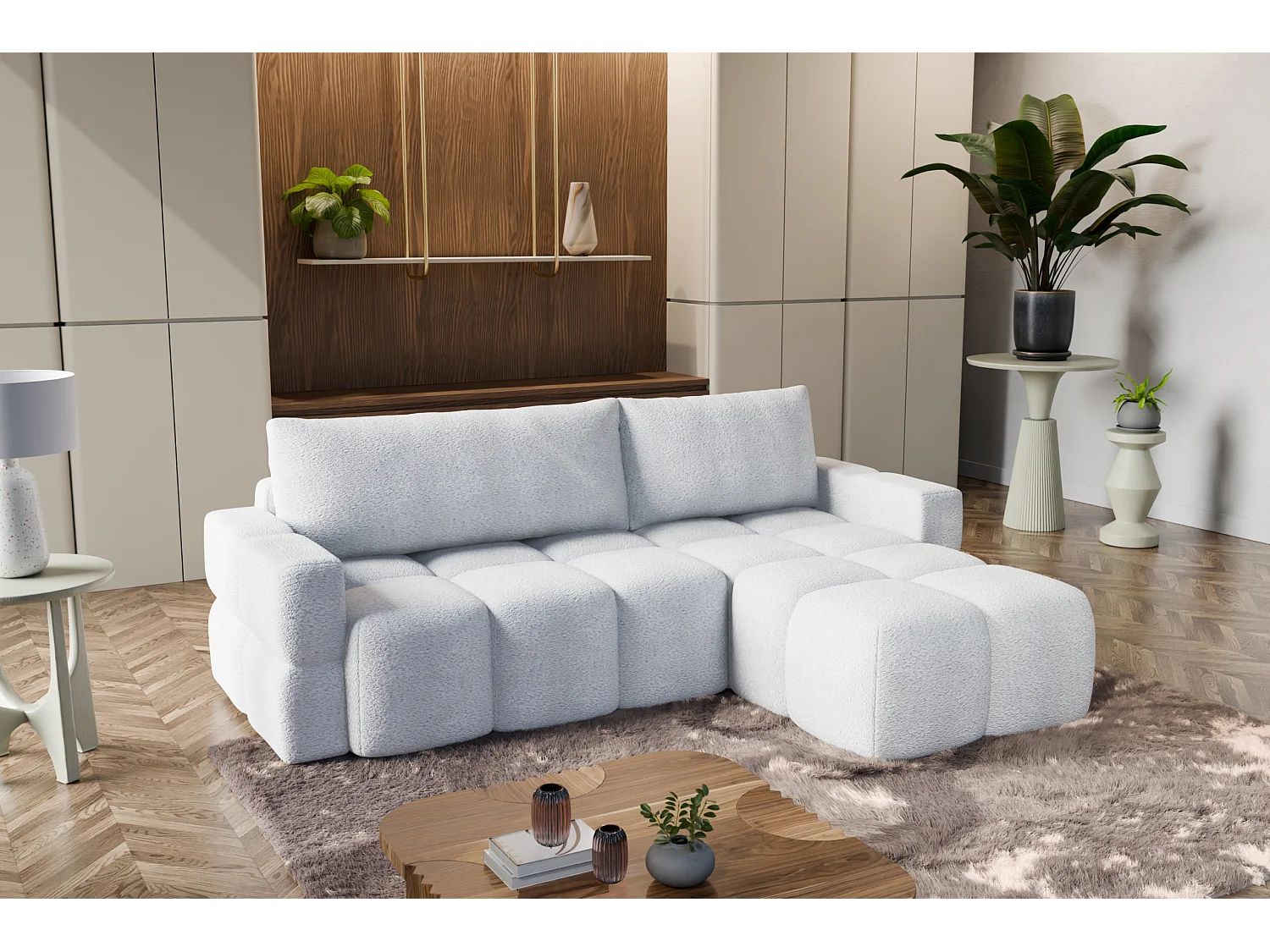 Hoekbank omkeerbare met slaapfunctie, bekleed met witte bouclé stof FUMO van de fabrikant.