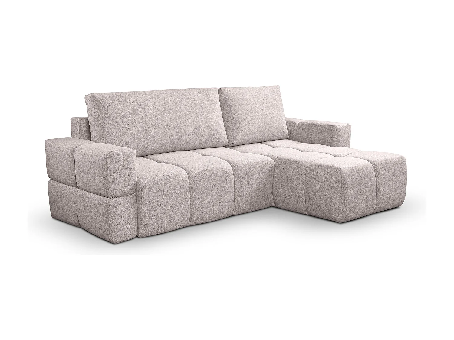 Omkeerbare hoekbank met slaapfunctie, in beige stof FUMO van de fabrikant.