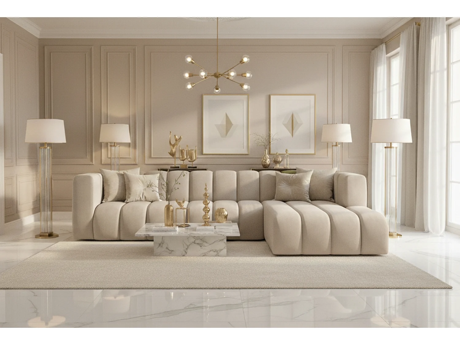 Ecksofa L-Form GRAND 318 cm, Stoff Salvador, Beige, Rechts