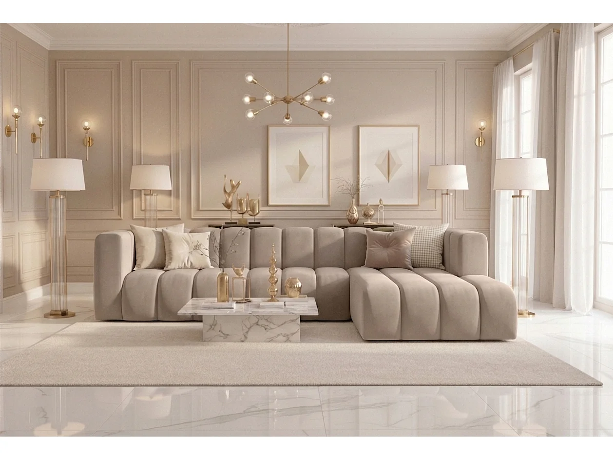 Canapé d'angle en L GRAND 318 cm, tissu Salvador, beige, à droite