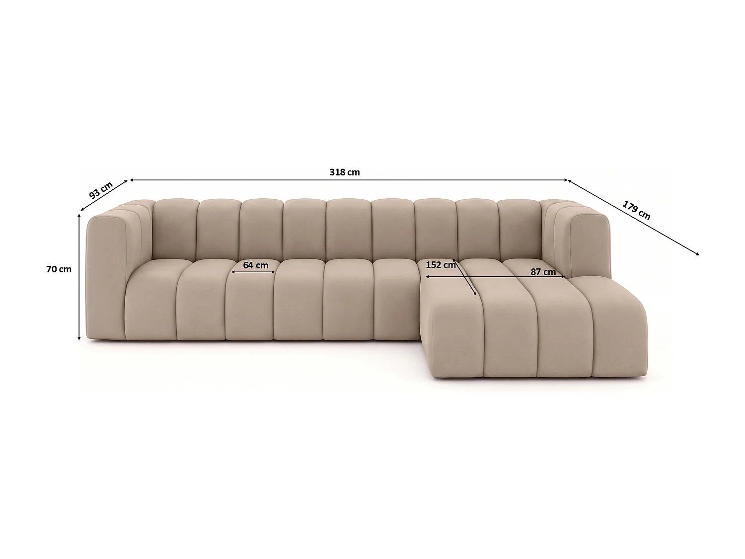Canapé d'angle en L GRAND 318 cm, tissu Salvador, beige, à droite