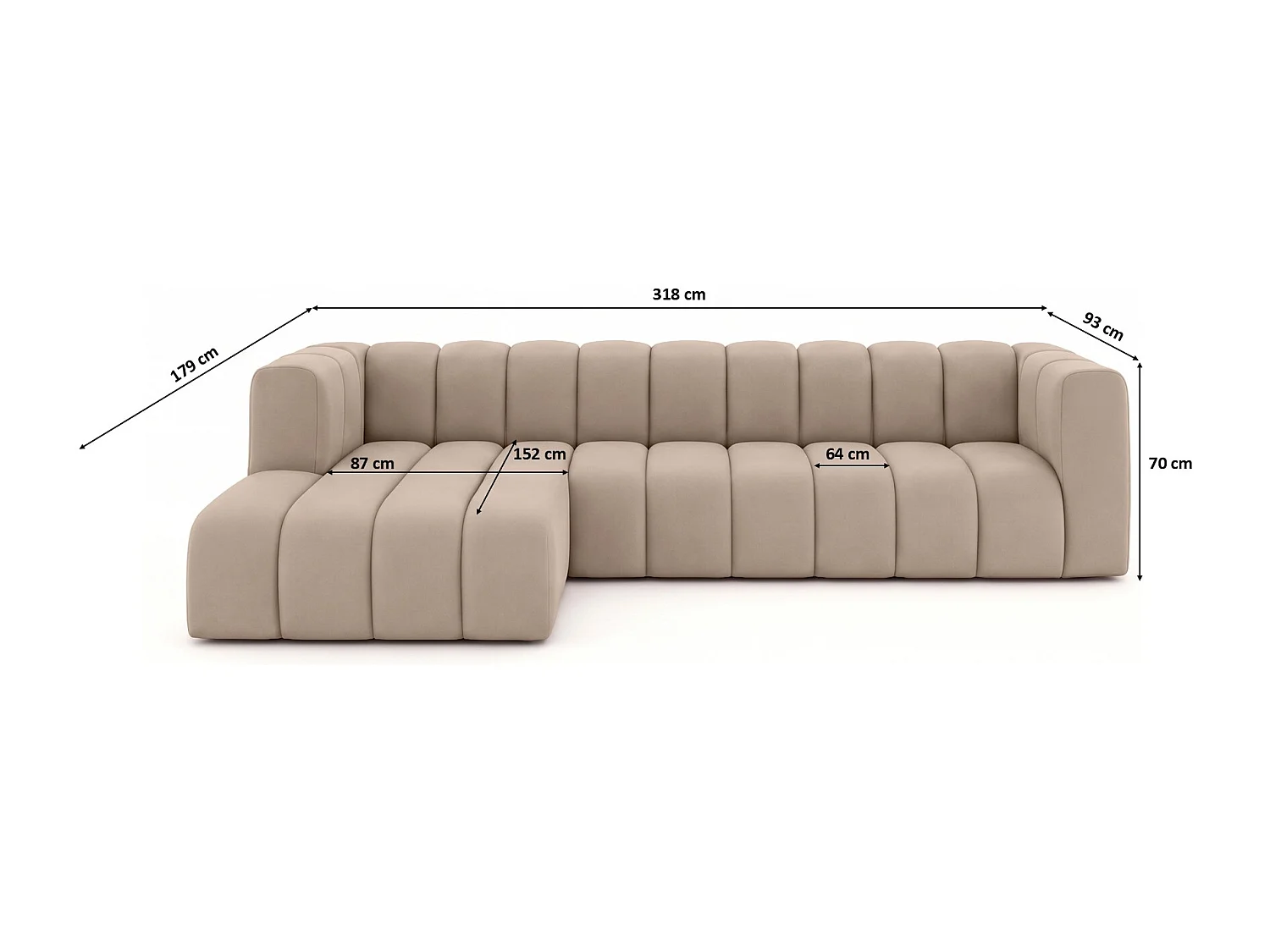 Canapé d'angle en L GRAND 318 cm, tissu Salvador, beige, gauche