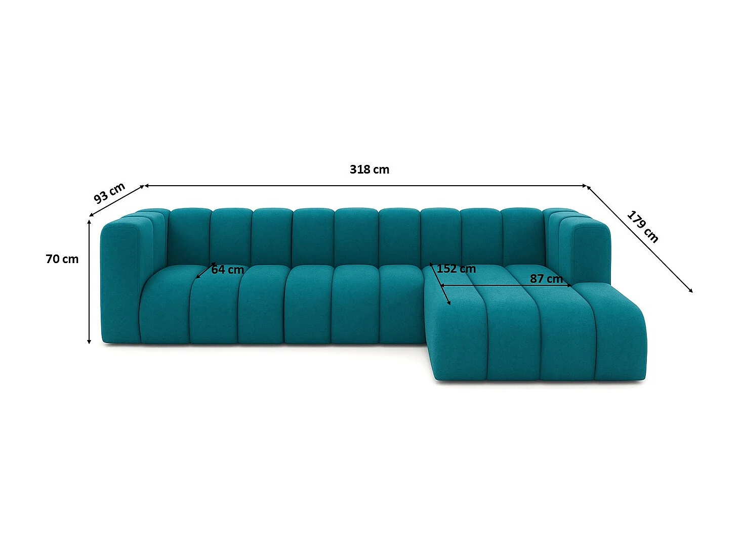 Ecksofa L-Form GRAND 318 cm, Stoff Salvador, Azurblau, Rechts