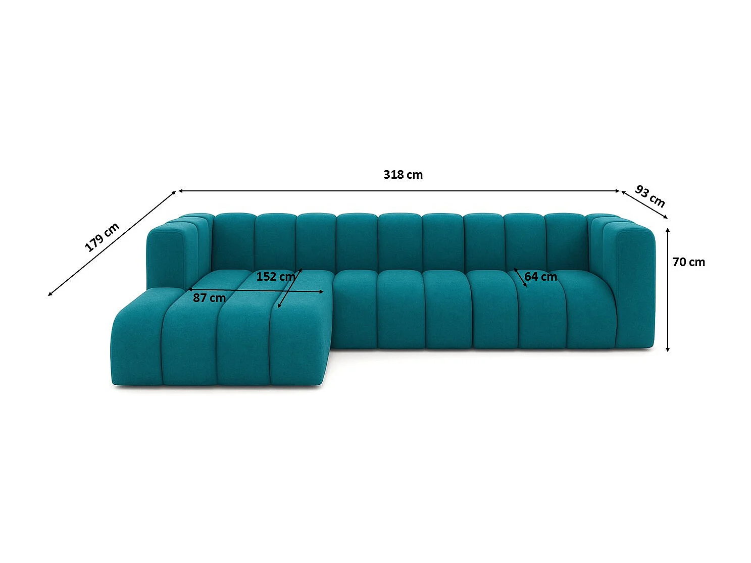 Ecksofa L-Form GRAND 318 cm, Stoff Salvador, Azurblau, Links