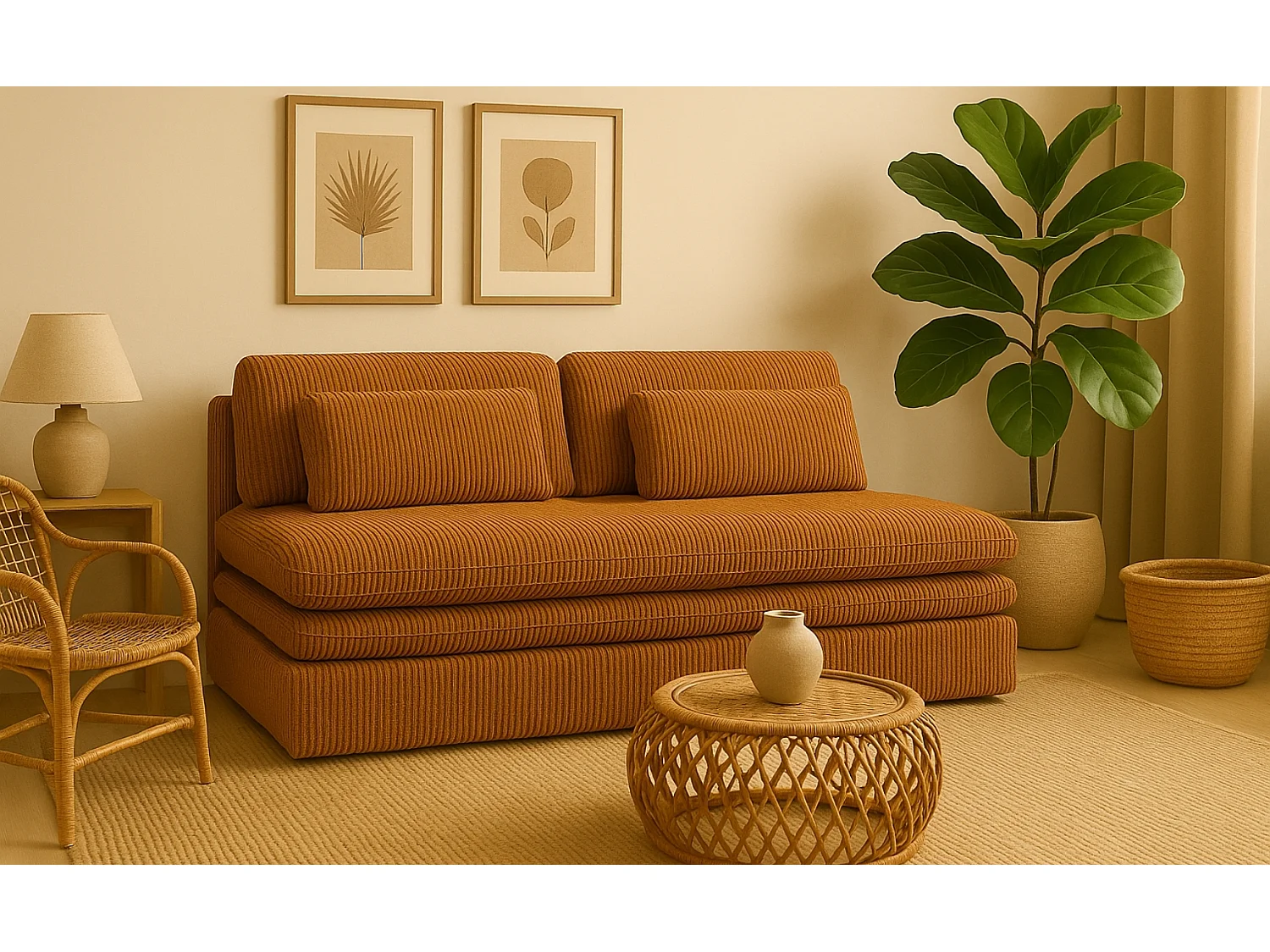 Canapé-lit OLIA avec compartiment de rangement, tissu Poso, couleur moutarde