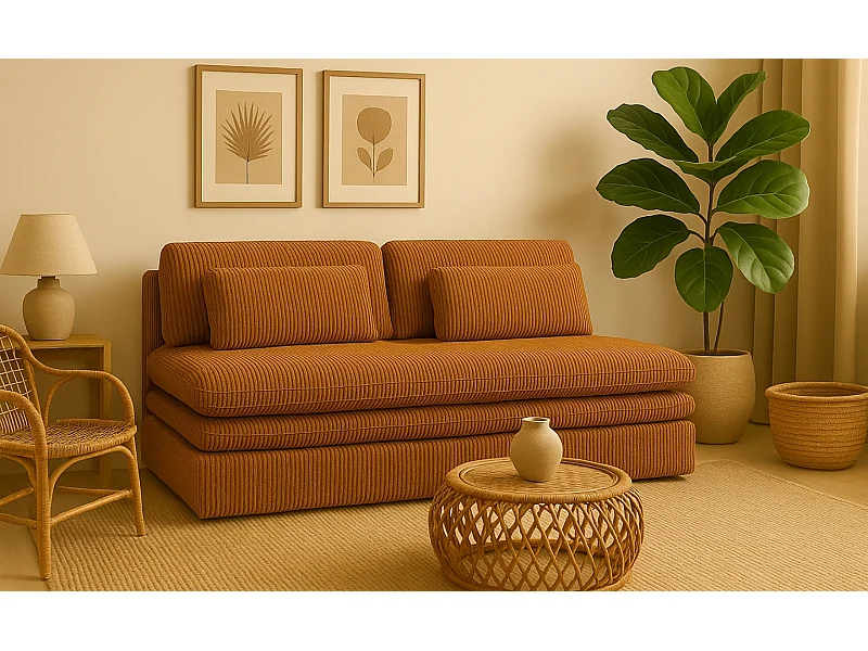 Canapé-lit OLIA avec compartiment de rangement, tissu Poso, couleur moutarde