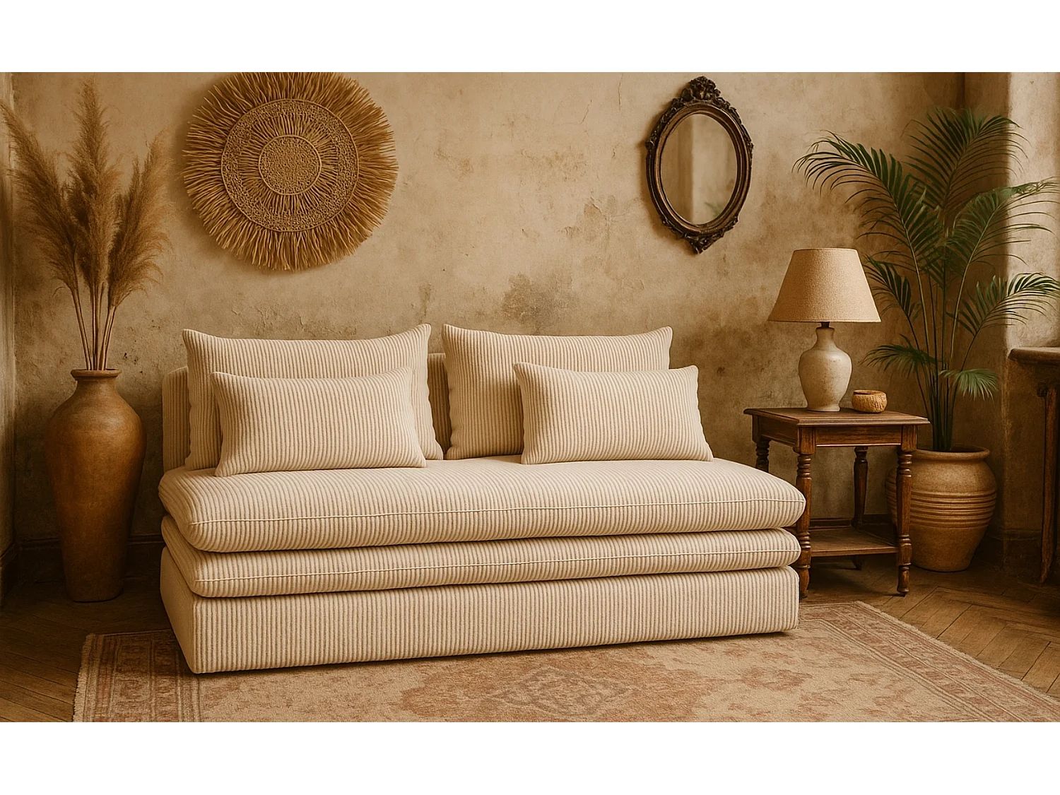 Canapé-lit NELIA avec compartiment de rangement, tissu Poso, beige