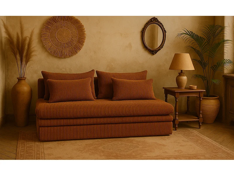 Canapé-lit NELIA avec compartiment de rangement, tissu Poso, couleur moutarde