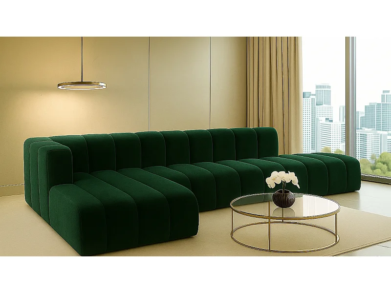 Canapé d'angle avec pouf GRAND L, tissu Salvador, vert, gauche