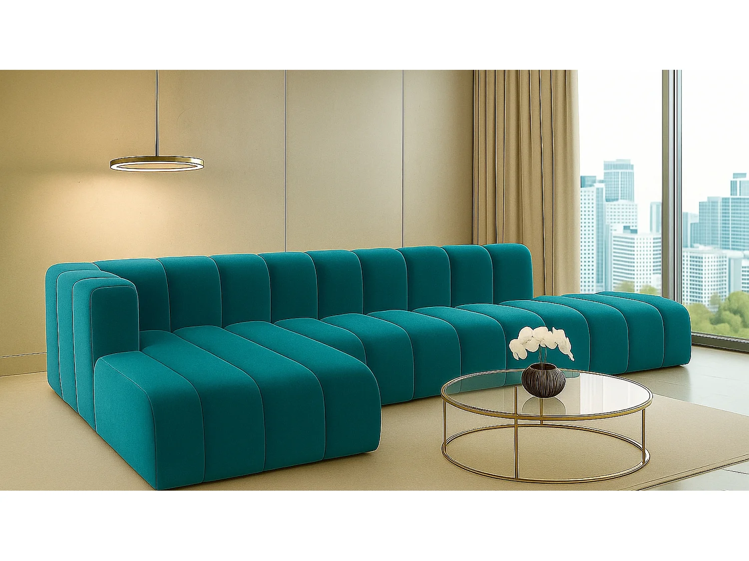 Ecksofa mit Hocker GRAND L, stoff Salvador, Azurblau, Links