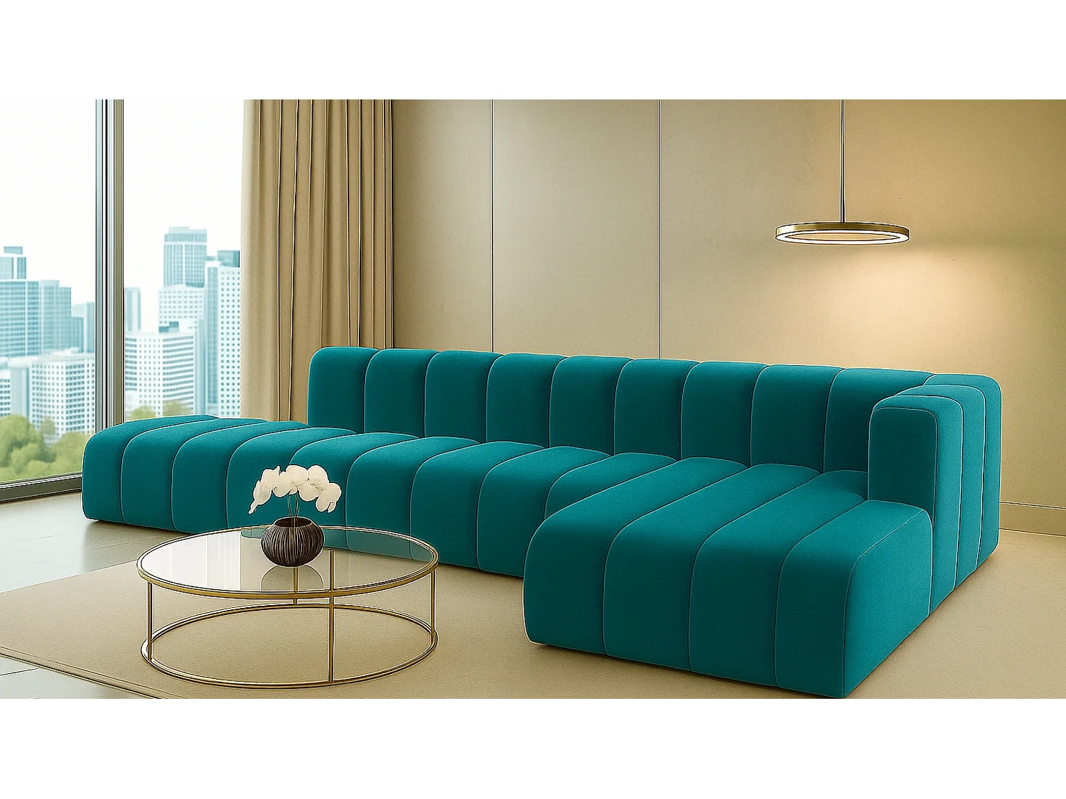 Ecksofa mit Hocker GRAND L, stoff Salvador, Azurblau, Rechts