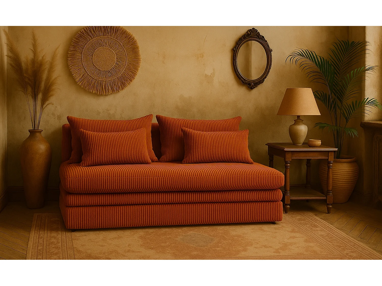 Canapé-lit NELIA avec compartiment de rangement, tissu Poso, cuivre