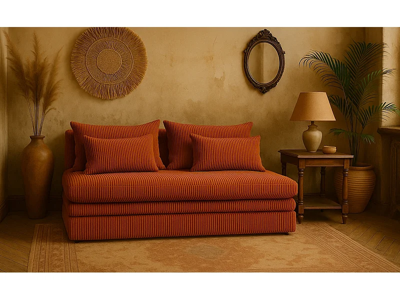 Canapé-lit NELIA avec compartiment de rangement, tissu Poso, cuivre