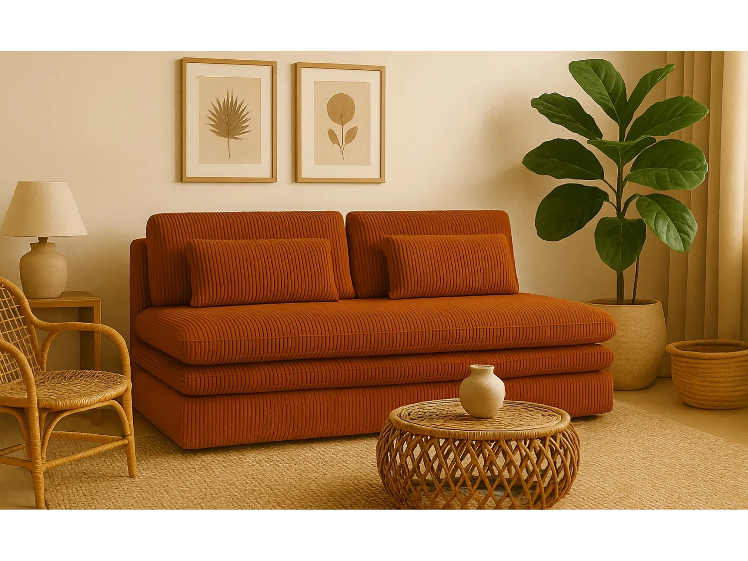 Canapé-lit OLIA avec compartiment de rangement, tissu Poso, cuivre