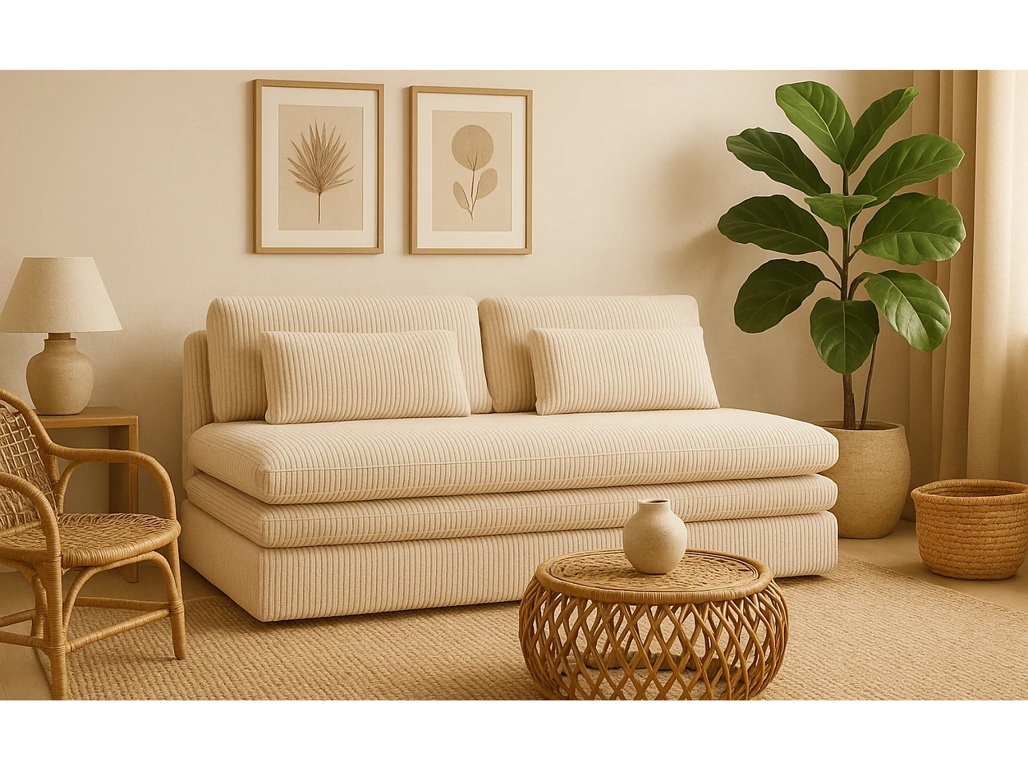 Canapé-lit OLIA avec compartiment de rangement, tissu Poso, beige