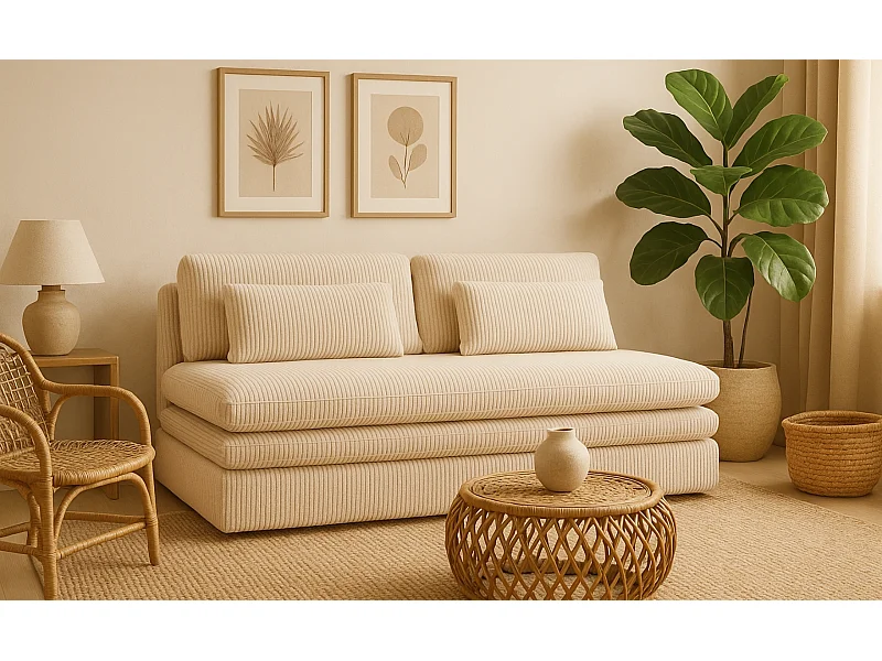 Canapé-lit OLIA avec compartiment de rangement, tissu Poso, beige