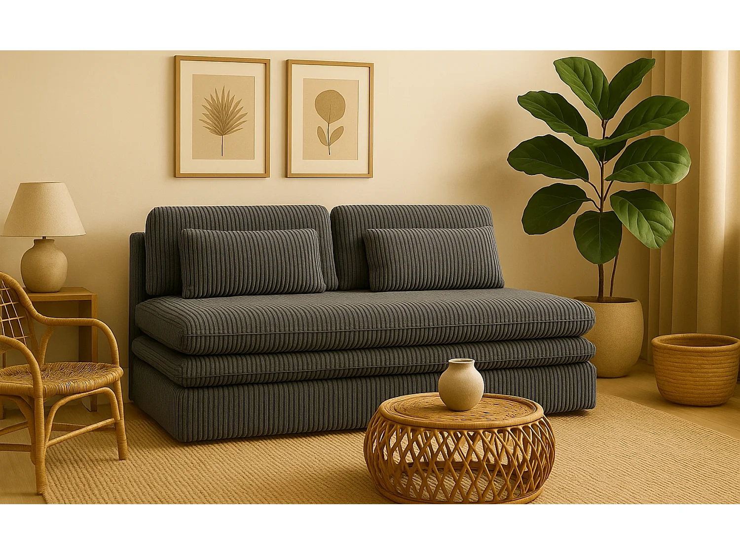 Canapé-lit OLIA avec compartiment de rangement, tissu Poso, gris