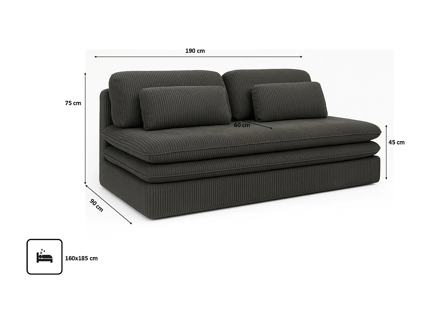 Canapé-lit OLIA avec compartiment de rangement, tissu Poso, gris