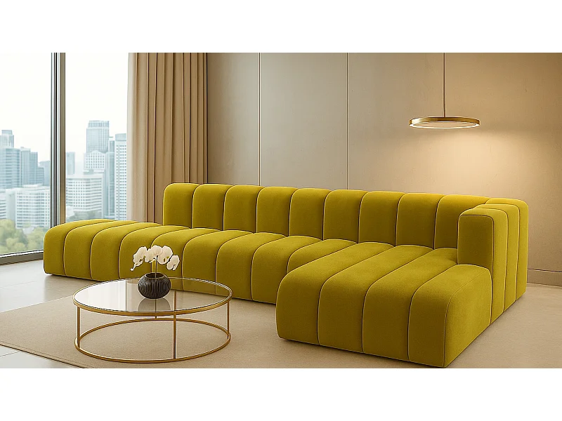 Canapé d'angle avec pouf GRAND L, tissu Salvador, Olive, Droite