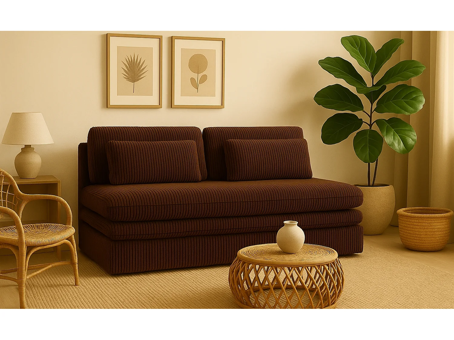 Canapé-lit OLIA avec compartiment de rangement, tissu Poso, marron