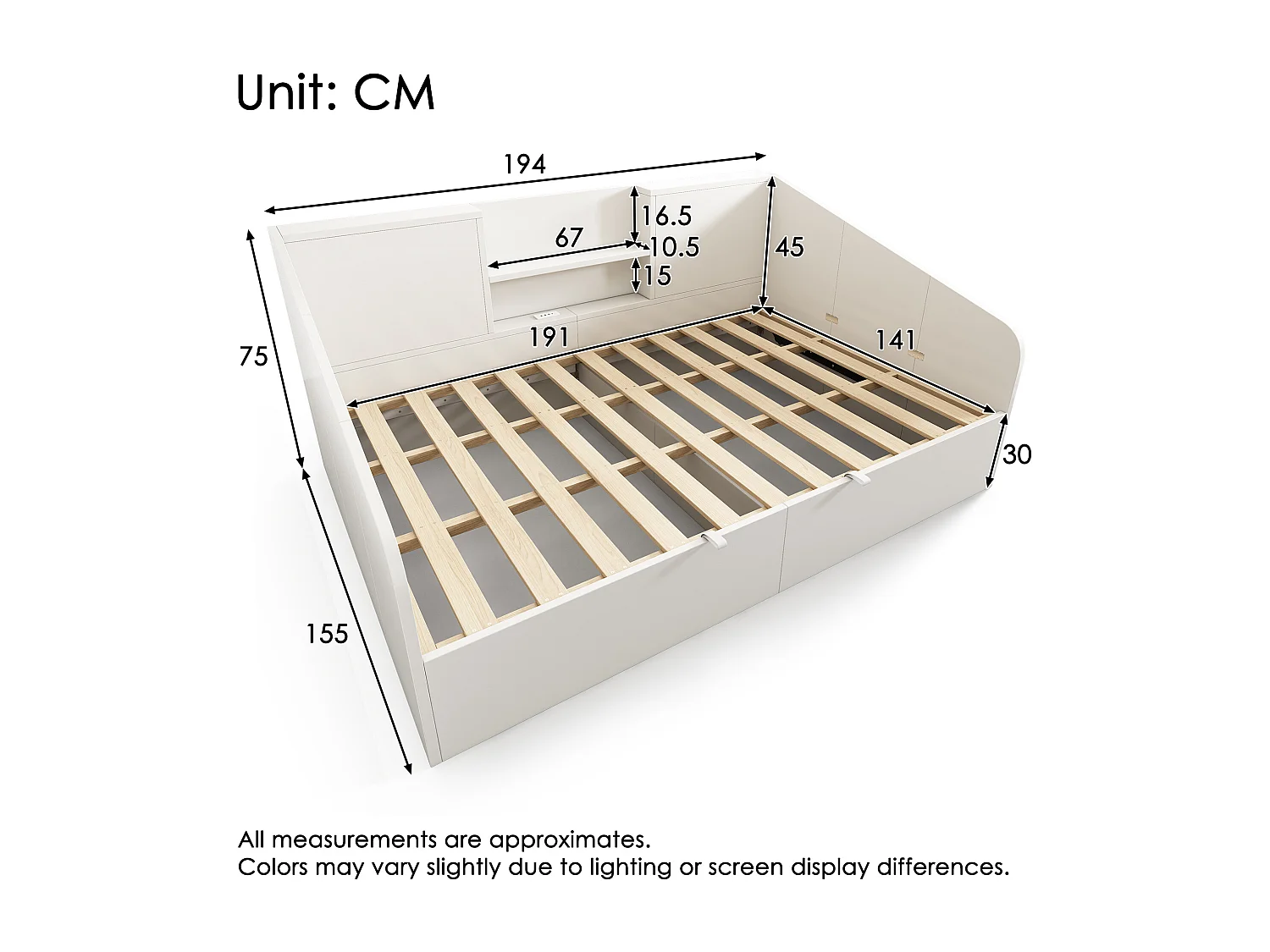 Lit banquette enfant - 140 x 190 cm - avec rangement hydraulique + 2 étagères + USB/Type-C - bois - blanc