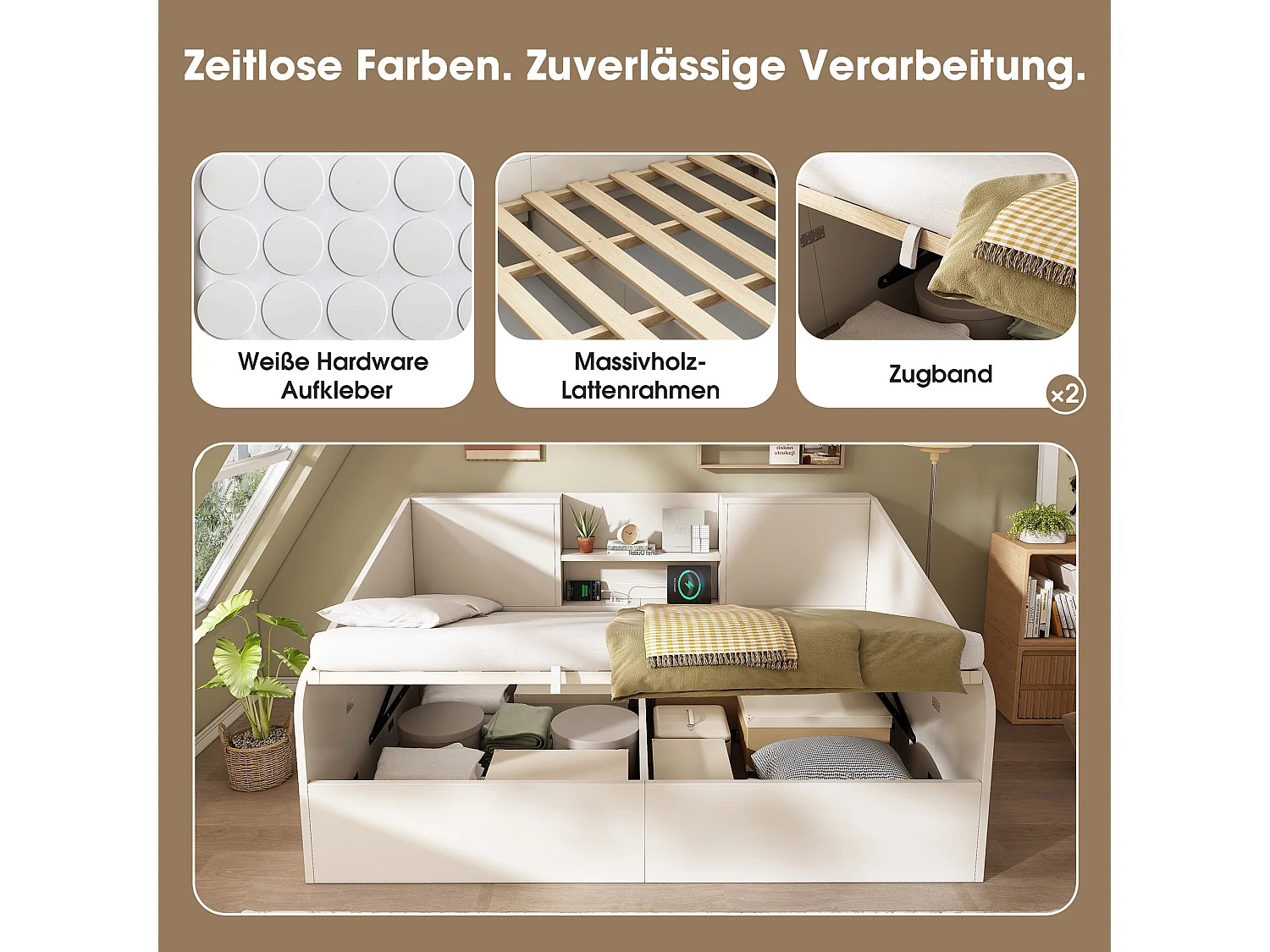 Lit banquette enfant - 140 x 190 cm - avec rangement hydraulique + 2 étagères + USB/Type-C - bois - blanc