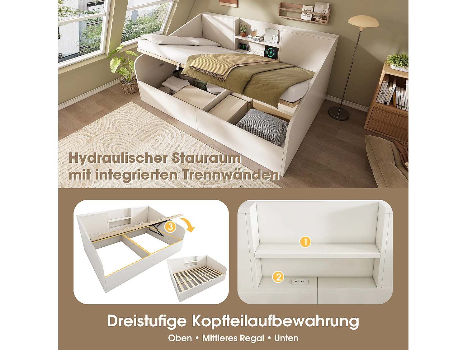 Lit banquette enfant - 140 x 190 cm - avec rangement hydraulique + 2 étagères + USB/Type-C - bois - blanc