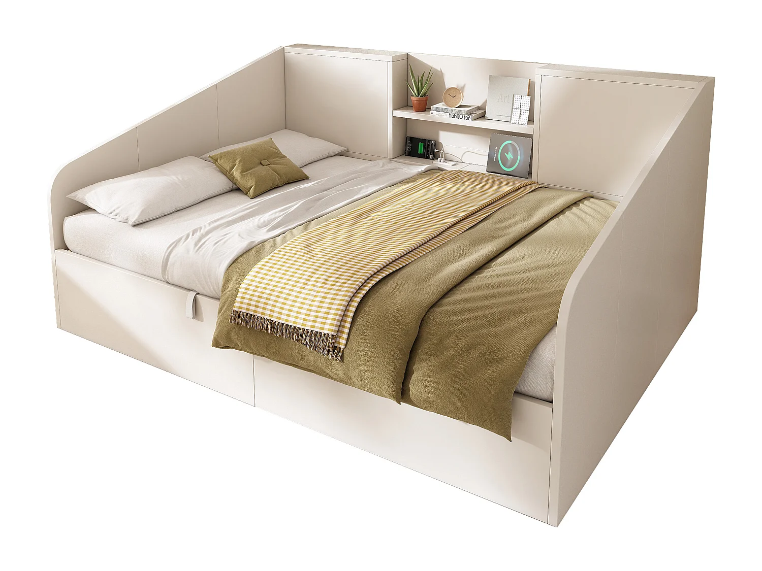Lit banquette enfant - 140 x 190 cm - avec rangement hydraulique + 2 étagères + USB/Type-C - bois - blanc