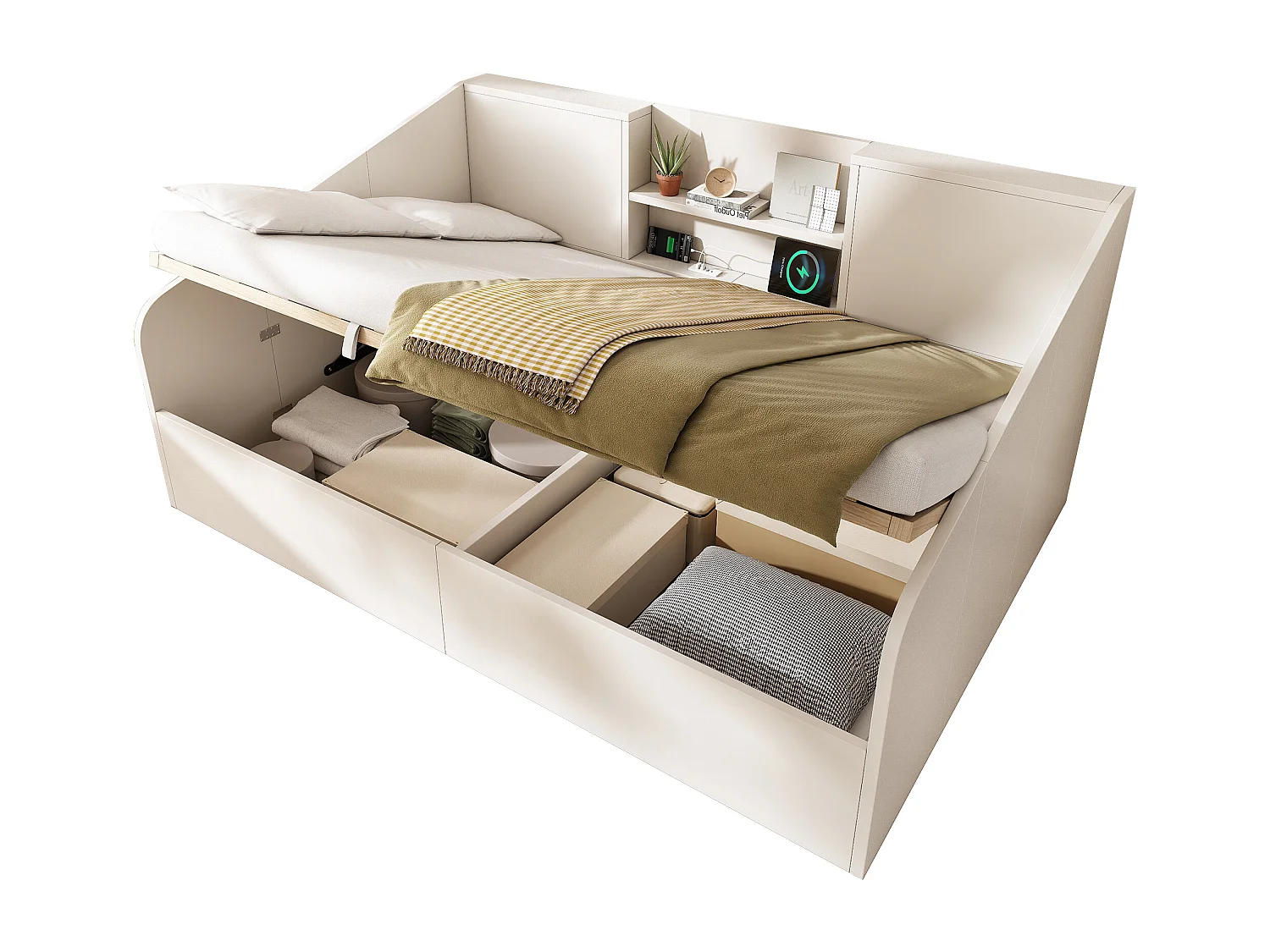 Lit banquette enfant - 140 x 190 cm - avec rangement hydraulique + 2 étagères + USB/Type-C - bois - blanc