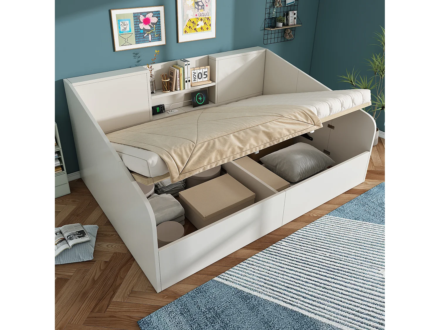 Lit banquette enfant - 140 x 190 cm - avec rangement hydraulique + 2 étagères + USB/Type-C - bois - blanc
