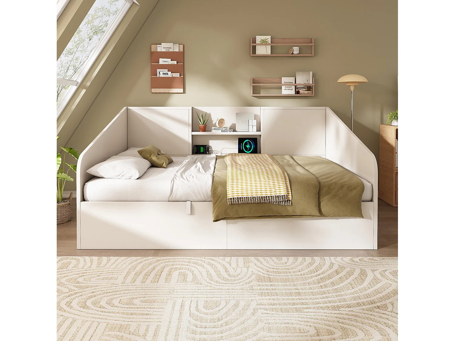 Lit banquette enfant - 140 x 190 cm - avec rangement hydraulique + 2 étagères + USB/Type-C - bois - blanc