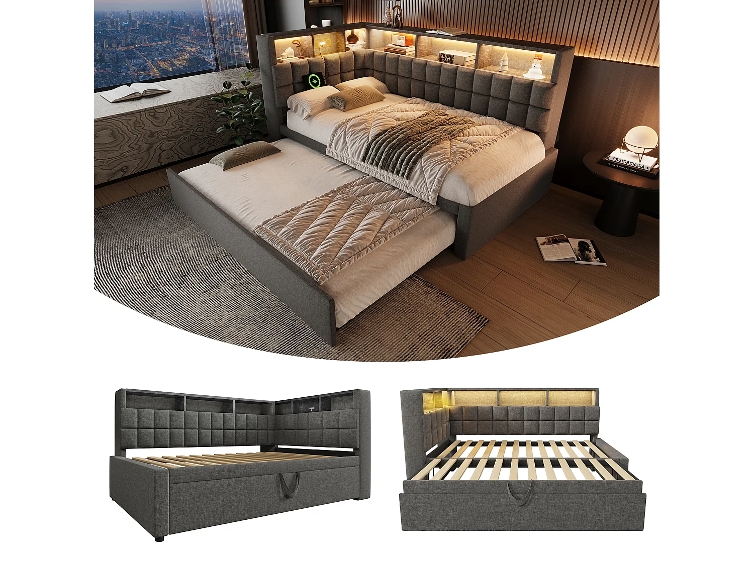 Lit banquette rembourré - 90 x 200 cm - avec lit gigogne 90 x 190 cm + Leds + USB + tête de lit L avec rangement - lin - gris