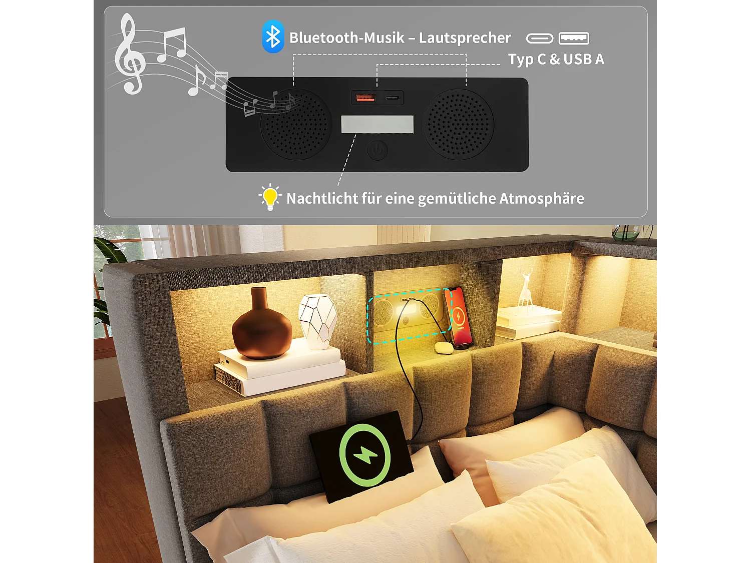 Lit banquette rembourré - 90 x 200 cm - avec lit gigogne 90 x 190 cm + Leds + USB + tête de lit L avec rangement - lin - gris