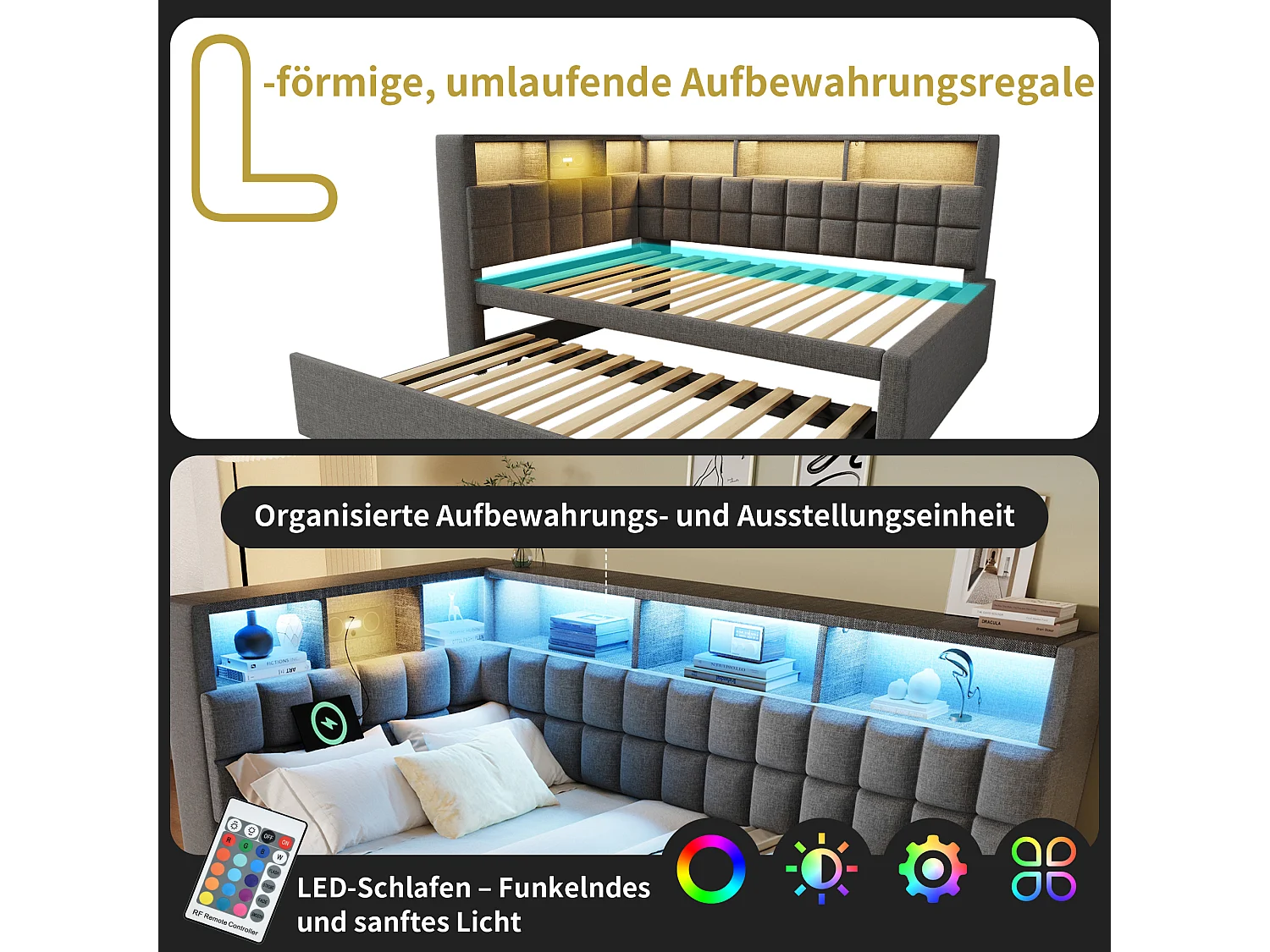 Lit banquette rembourré - 90 x 200 cm - avec lit gigogne 90 x 190 cm + Leds + USB + tête de lit L avec rangement - lin - gris