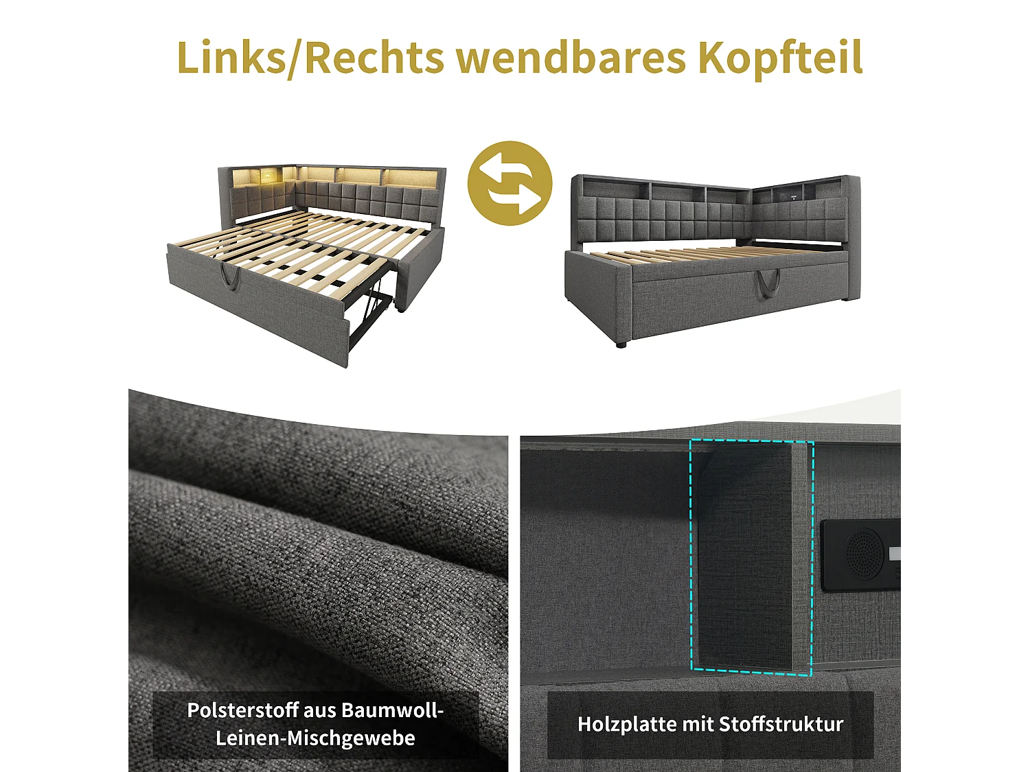 Lit banquette rembourré - 90 x 200 cm - avec lit gigogne 90 x 190 cm + Leds + USB + tête de lit L avec rangement - lin - gris