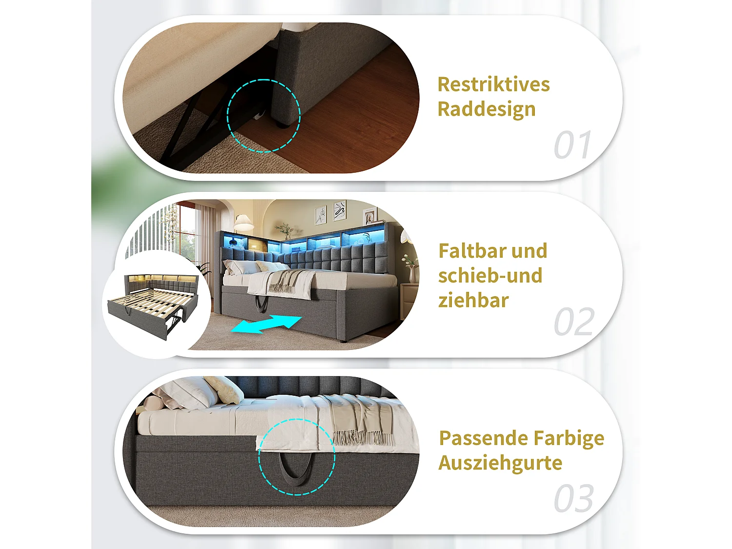 Lit banquette rembourré - 90 x 200 cm - avec lit gigogne 90 x 190 cm + Leds + USB + tête de lit L avec rangement - lin - gris