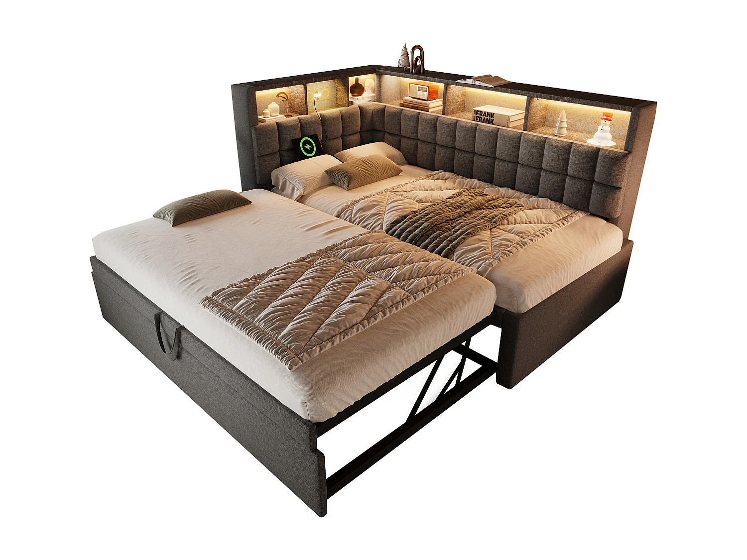 Lit banquette rembourré - 90 x 200 cm - avec lit gigogne 90 x 190 cm + Leds + USB + tête de lit L avec rangement - lin - gris