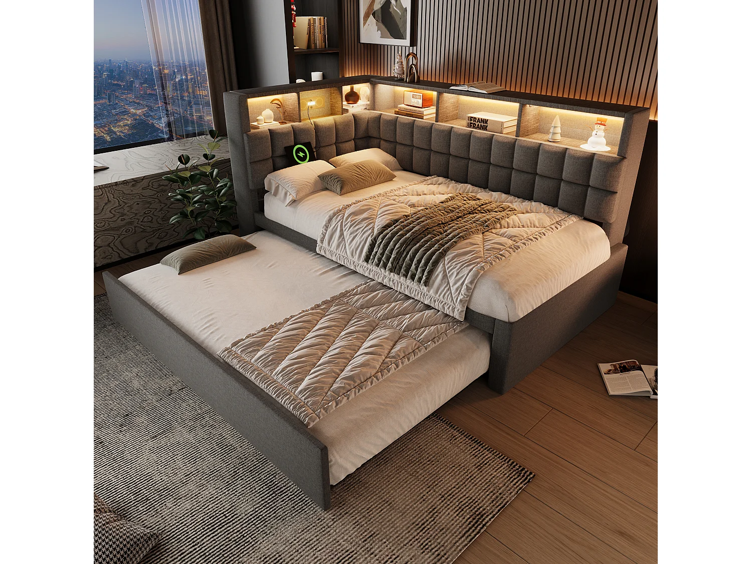 Lit banquette rembourré - 90 x 200 cm - avec lit gigogne 90 x 190 cm + Leds + USB + tête de lit L avec rangement - lin - gris