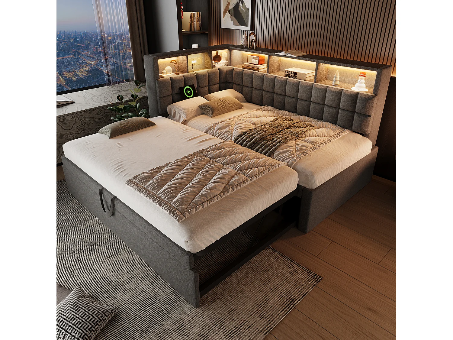 Lit banquette rembourré - 90 x 200 cm - avec lit gigogne 90 x 190 cm + Leds + USB + tête de lit L avec rangement - lin - gris