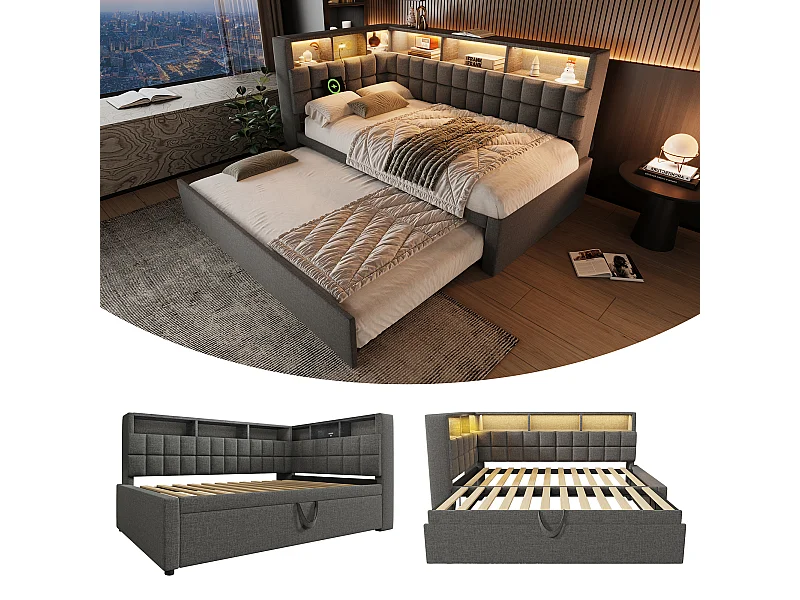 Lit banquette rembourré - 90 x 200 cm - avec lit gigogne 90 x 190 cm + Leds + USB + tête de lit L avec rangement - lin - gris