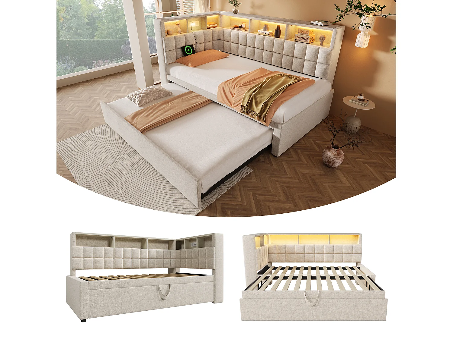 Divano letto imbottito - 90 x 200 cm - con letto estraibile 90 x 190 cm + LED + USB + testiera a L con contenitore - lino - beige