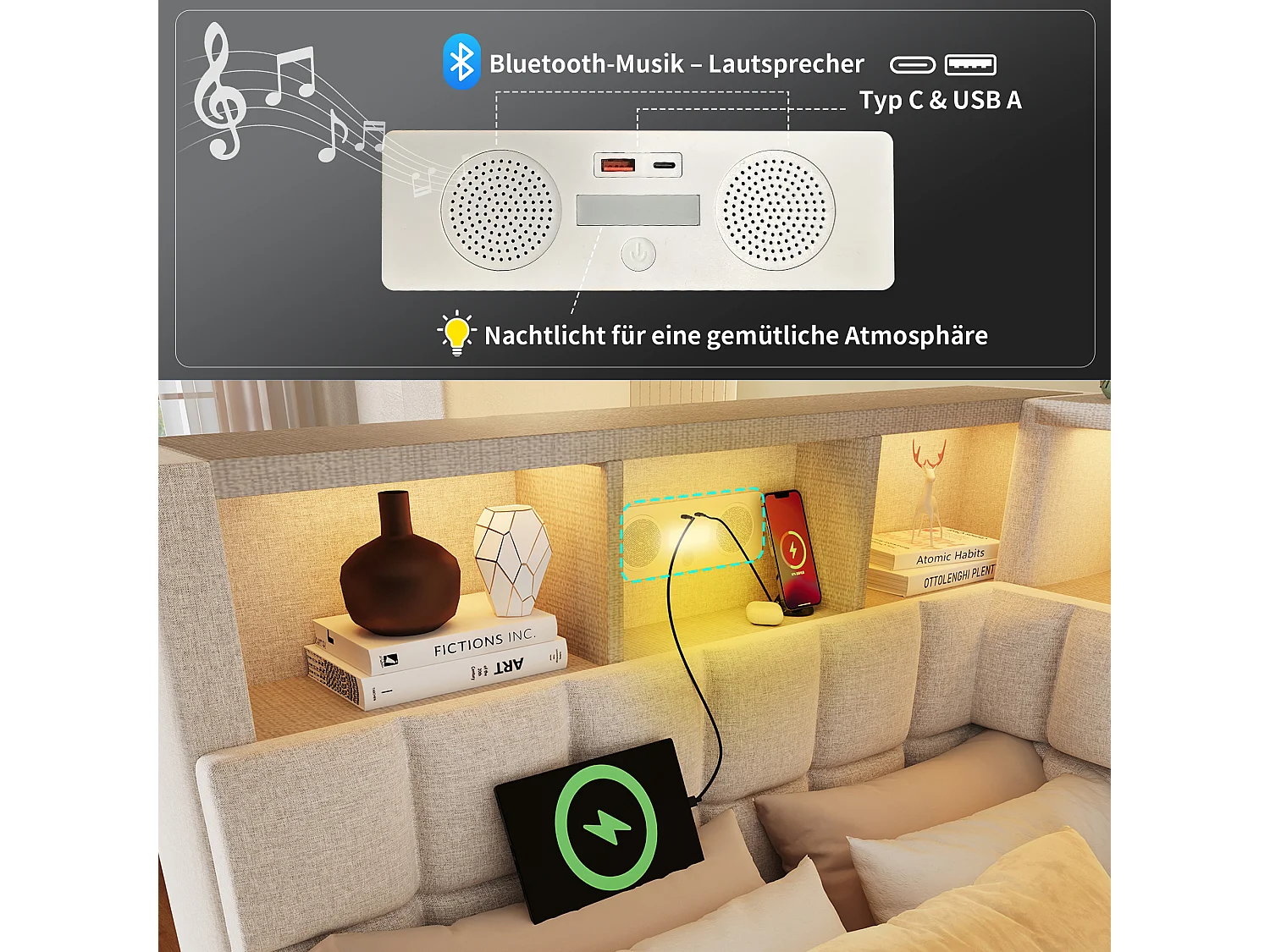 Divano letto imbottito - 90 x 200 cm - con letto estraibile 90 x 190 cm + LED + USB + testiera a L con contenitore - lino - beige