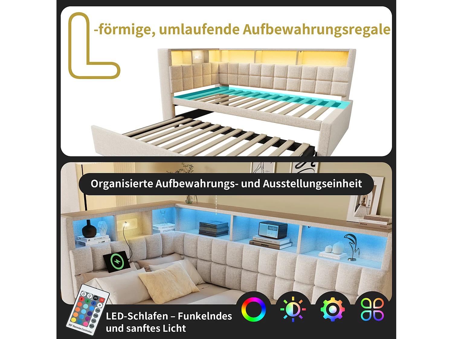 Divano letto imbottito - 90 x 200 cm - con letto estraibile 90 x 190 cm + LED + USB + testiera a L con contenitore - lino - beige
