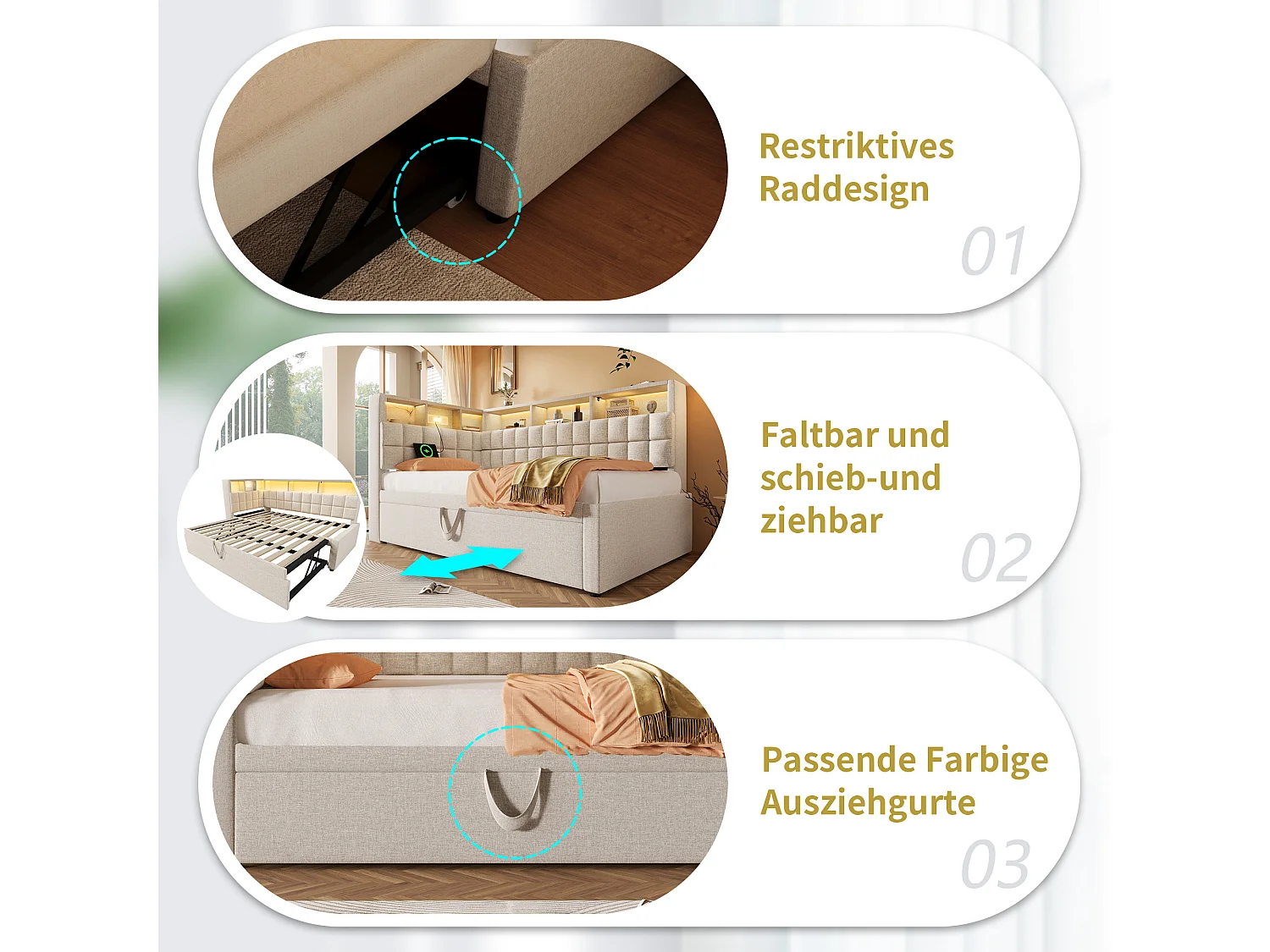 Divano letto imbottito - 90 x 200 cm - con letto estraibile 90 x 190 cm + LED + USB + testiera a L con contenitore - lino - beige