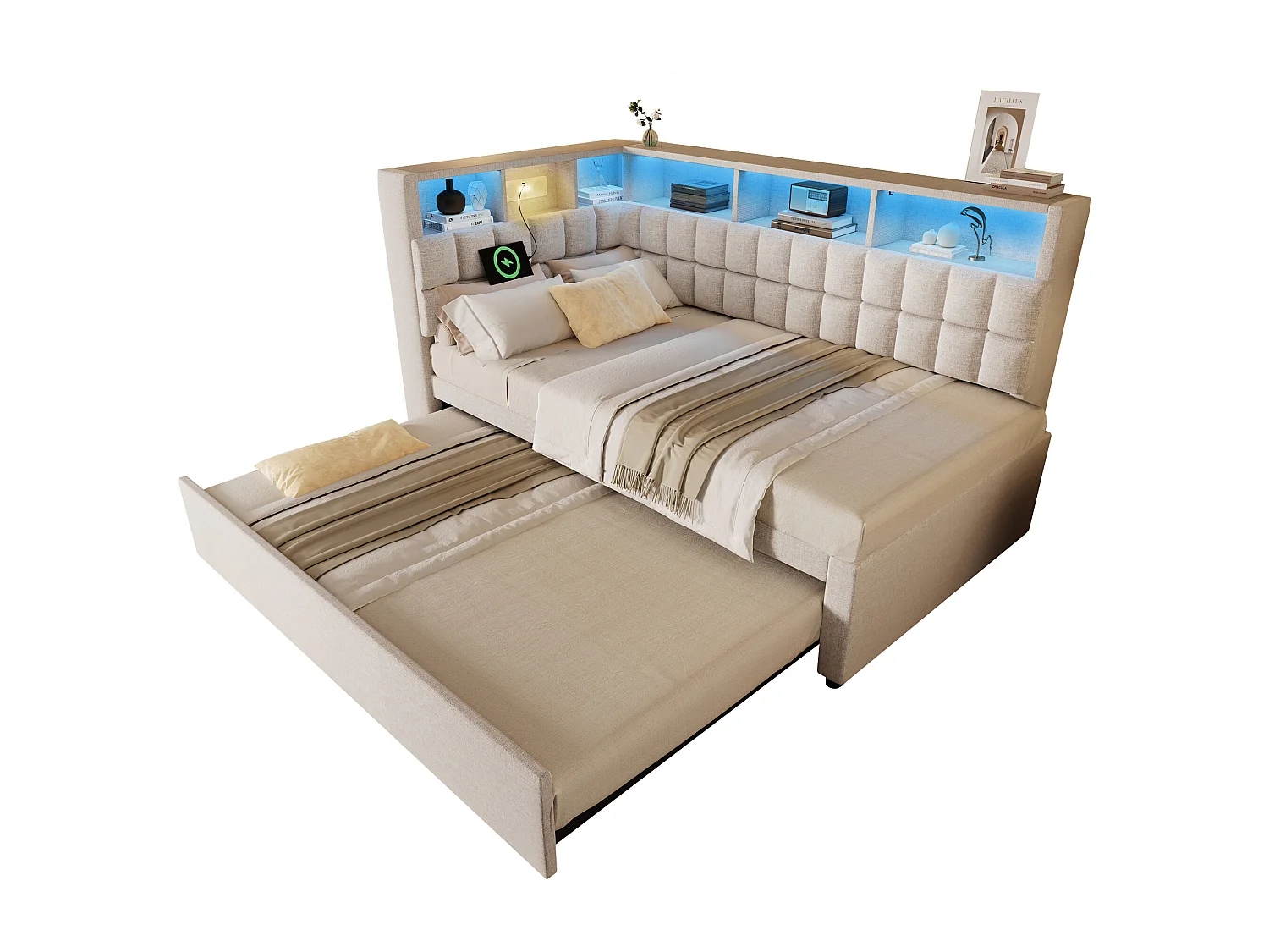 Divano letto imbottito - 90 x 200 cm - con letto estraibile 90 x 190 cm + LED + USB + testiera a L con contenitore - lino - beige