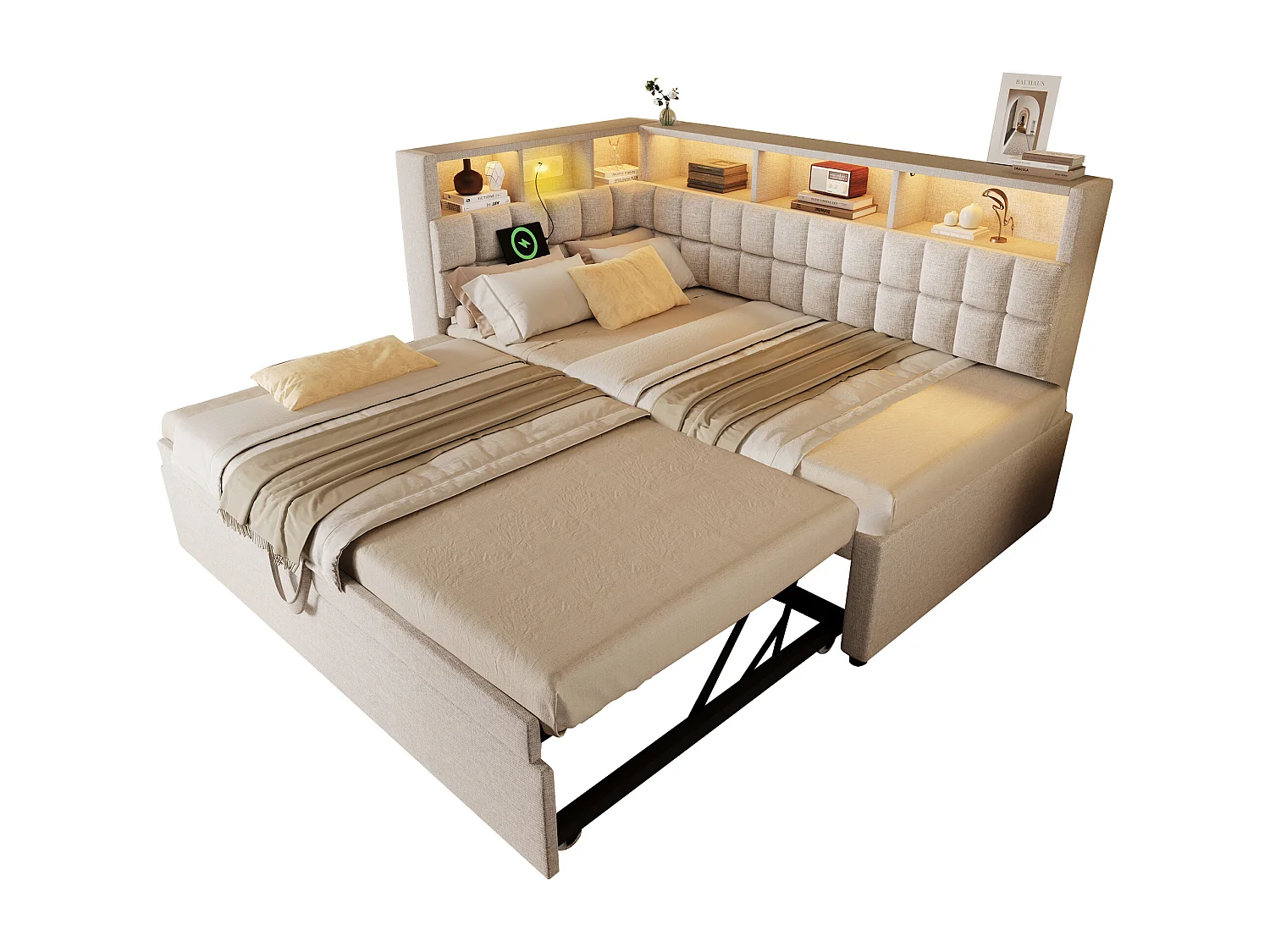 Divano letto imbottito - 90 x 200 cm - con letto estraibile 90 x 190 cm + LED + USB + testiera a L con contenitore - lino - beige