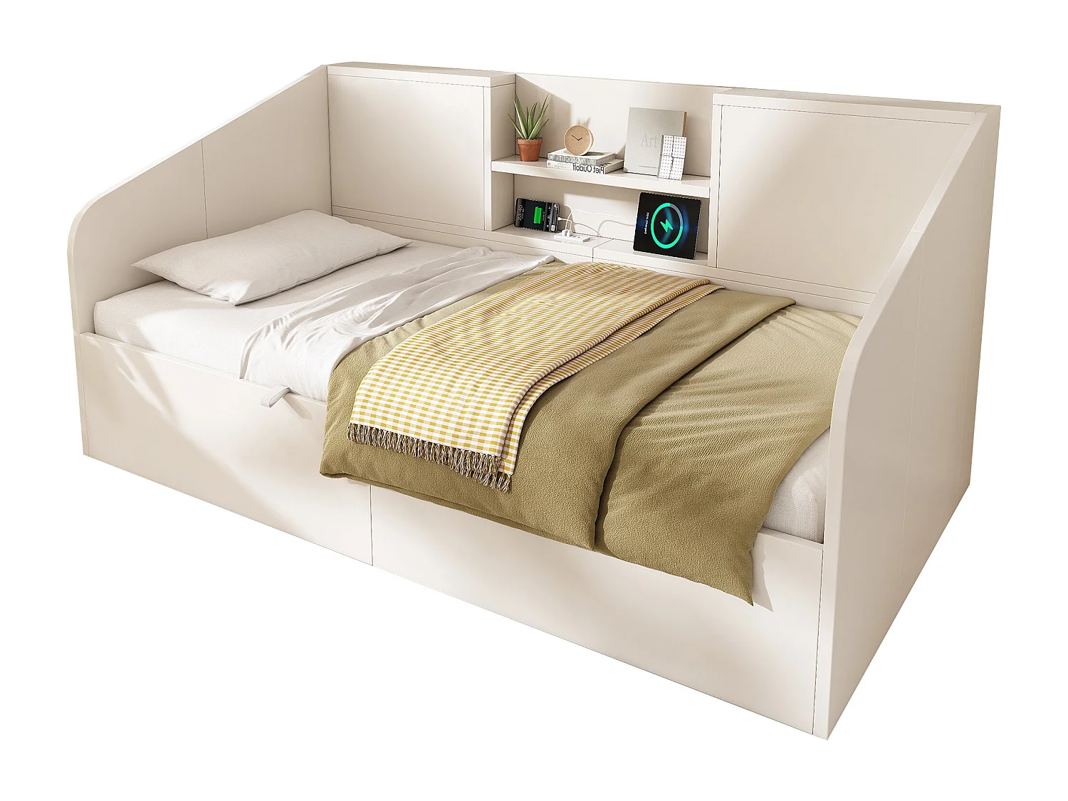 Lit banquette enfant - 90 x 200 cm - avec rangement hydraulique + 2 étagères + USB/Type-C - bois - blanc